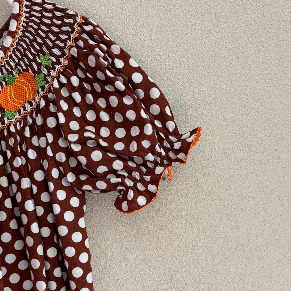 Claire & Charlie Polka Dot Kids Dress with Smocking  And Pumpkin Accents Size 6X - Picture 4 of 9